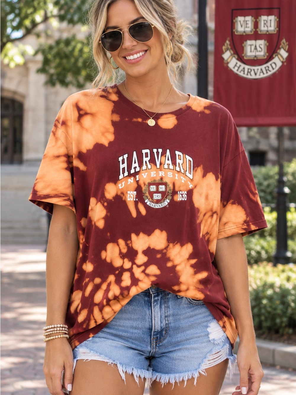 Harvard University Maroon Bleach-dye Tie-Dye Collegiate tee